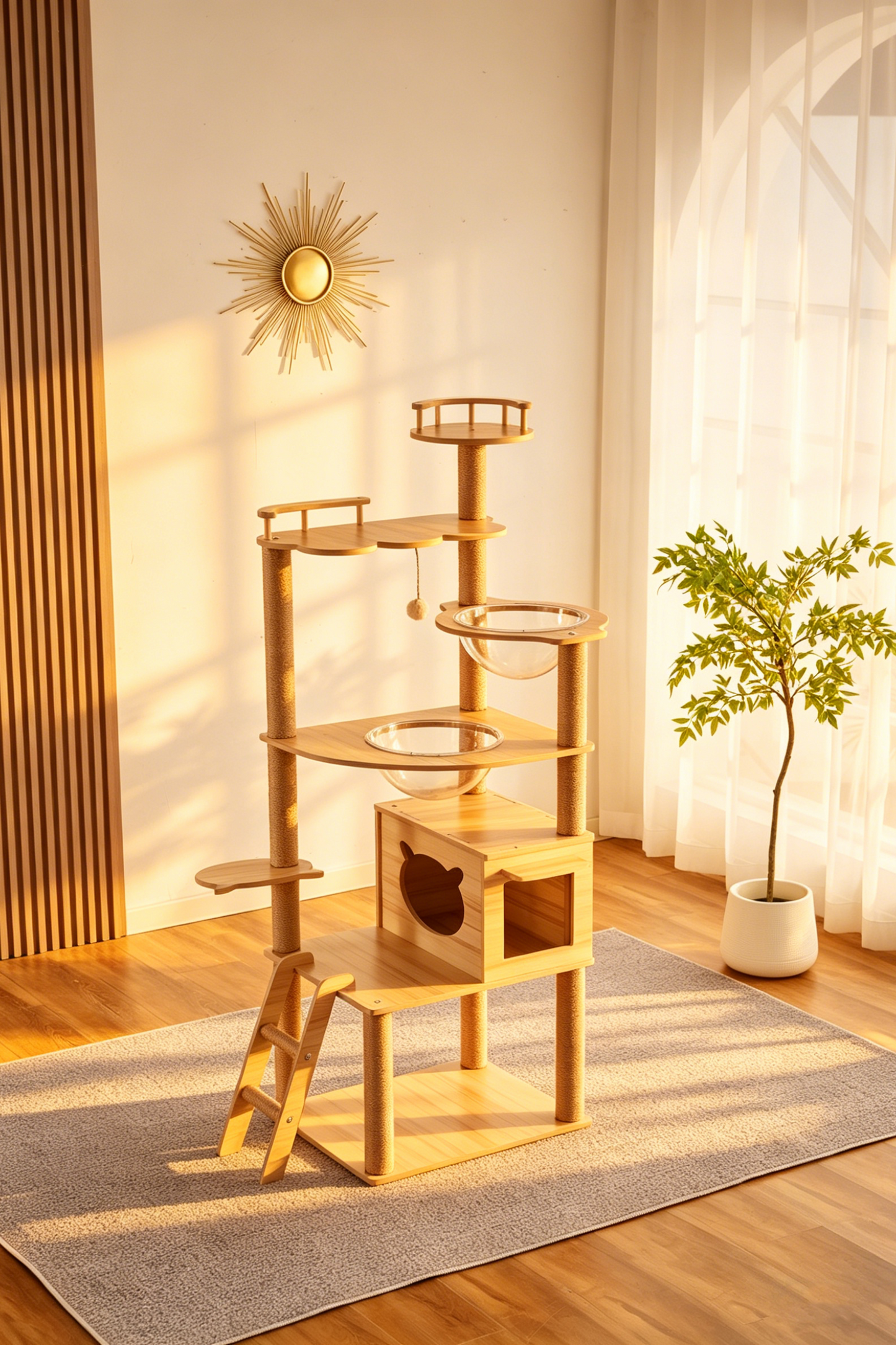 Floor-to-Ceiling Multi-Layer Solid Wood Cat Tree | Small Space Friendly • Double Space Pods + Enclosed Cat Condo • A Cat's Exclusive Vertical Playground