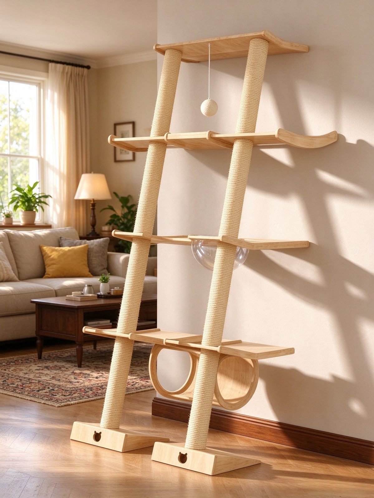 Wall-Mounted Solid Wood Cat Tree | Space-Saving Wall Design · Multi-Layer Solid Wood Platforms + Circular Tunnel Nest + Sisal Scratching Post + Hanging Teaser Ball