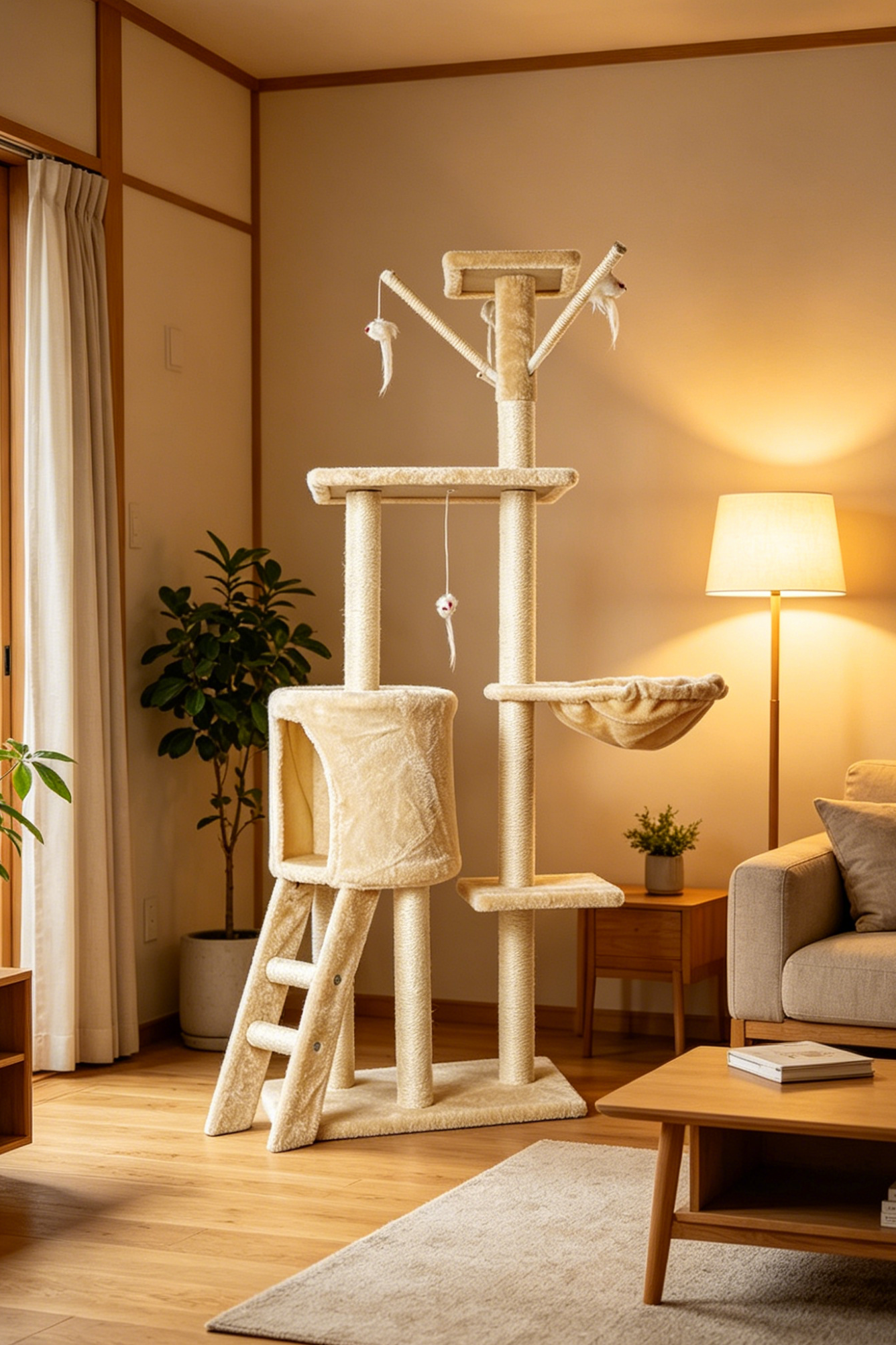 Off-White Multi-functional Medium Cat Tree | Small Space Friendly ・Cat Condo with Ladder + Hammock + Perch・All-in-One Cat Playland
