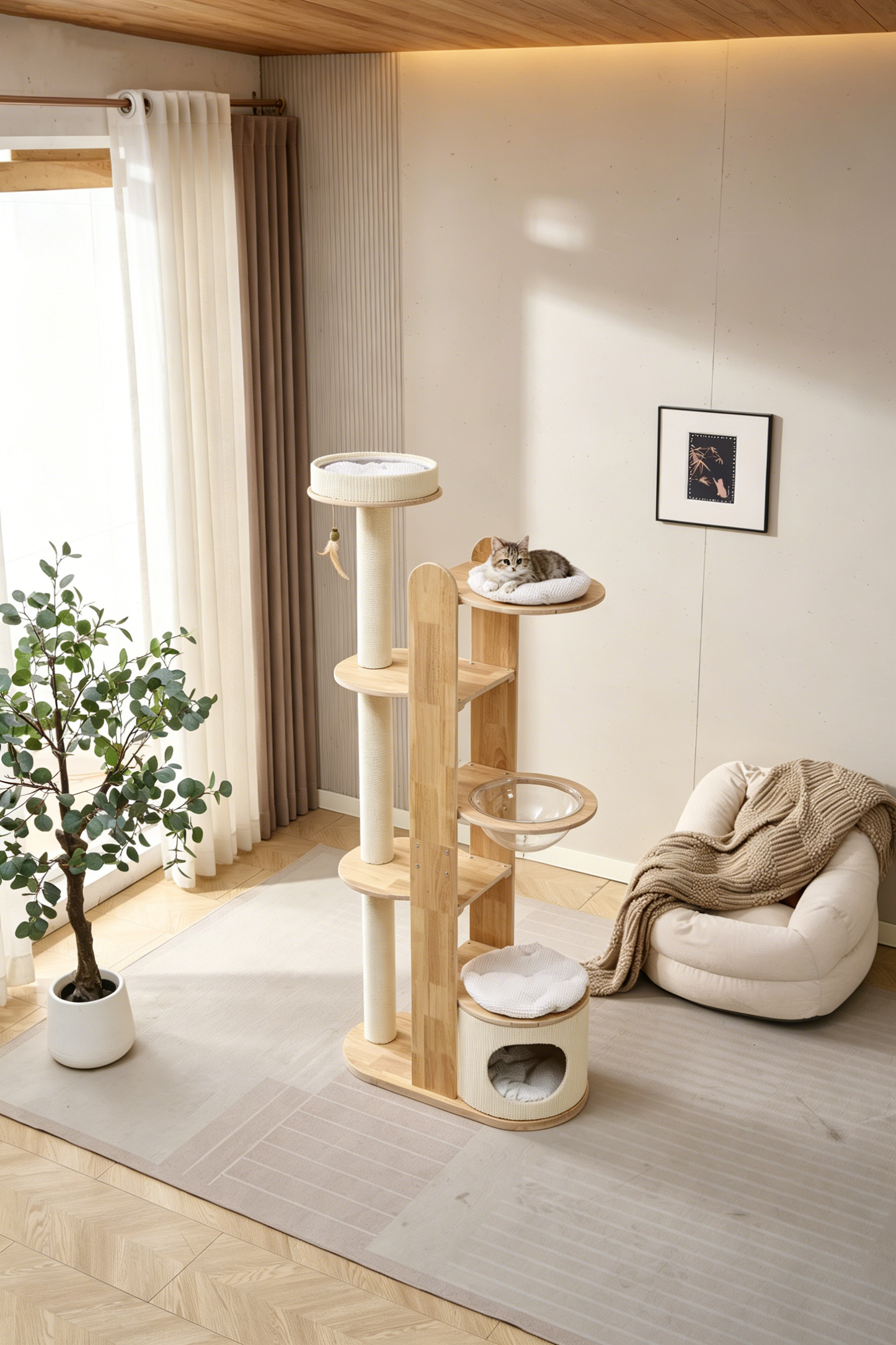 All-Solid Wood Integrated Cat Tree | Multi-cat Friendly · Multi-level & Multi-functional · Combines Climbing / Scratching / Resting / Hiding