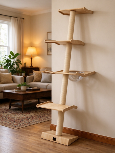 Single-Post Solid Wood Cat Tree | Minimalist Tall Design · Multi-level Solid Wood Platforms + Transparent Space Capsule + Sisal-Wrapped Post · Elevated Cat Lookout Tower