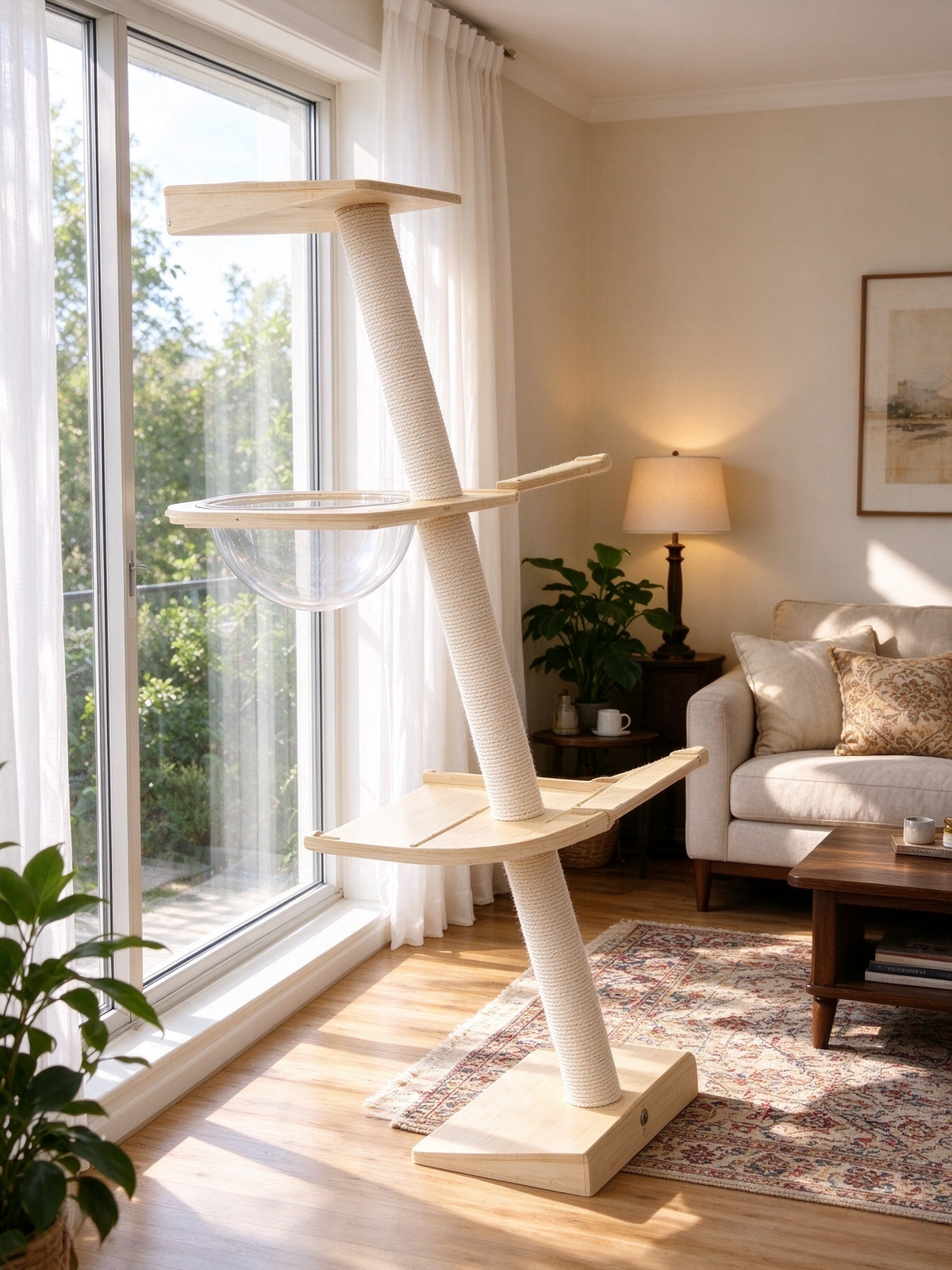 Single-Column Angled Solid Wood Cat Tree | Minimalist & Lightweight Design · Three-Tier Solid Wood Platforms + Sisal-Wrapped Column + Teaser Toy · Cat’s Angled Lookout Tower