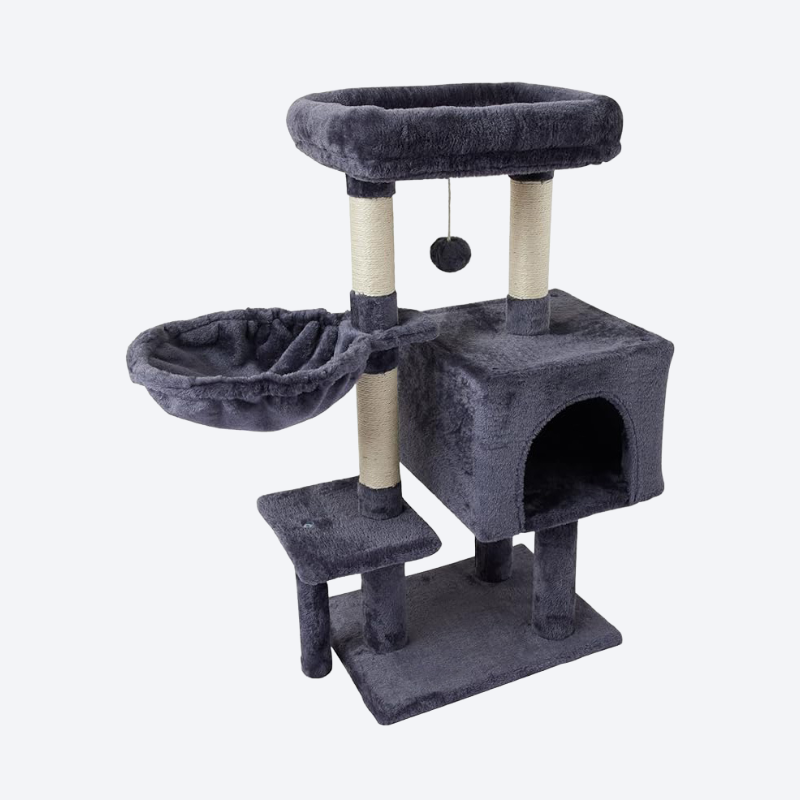 Dark Gray Multifunctional Cat Tree for Small Spaces | Small Home Friendly • Cat Cave + Hammock + Observation Deck + Scratching Post • One-Stop Playground for Cats