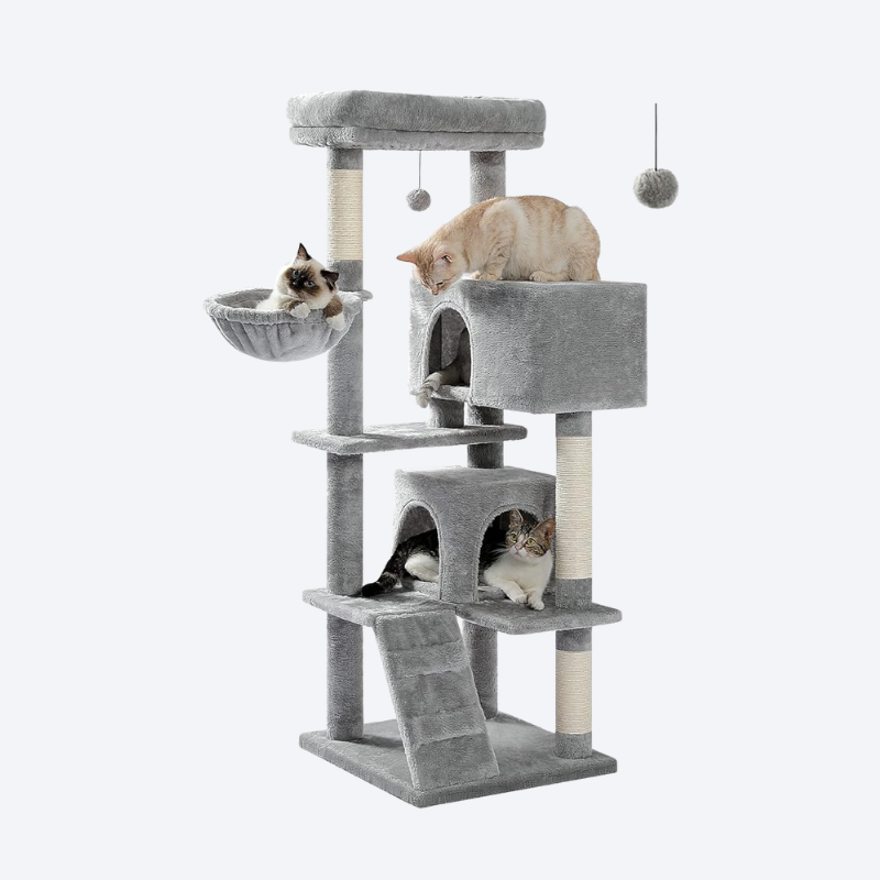 Elegant Gray Multifunctional Cat Tree | Multi-cat household friendly • Double condo + hammock + lookout perch • One-stop playground for cats