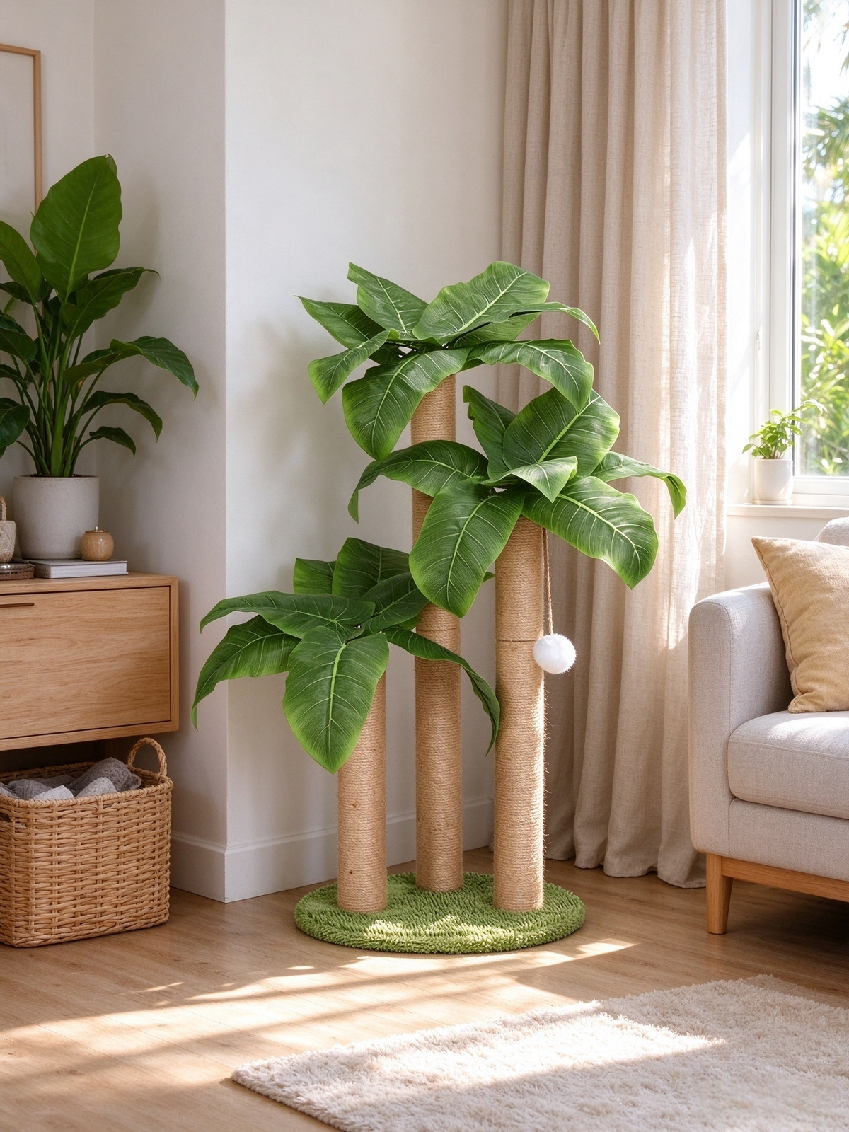 Artificial Palm Leaf Rainforest Cat Scratching Post | Tropical Forest Style · Triple Reinforced Sisal Posts + Artificial Broad-Leaved Foliage + Hanging Teaser Ball · Mini Cat Rainforest Tree
