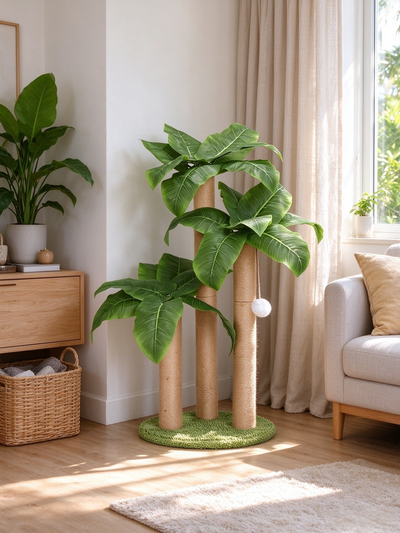 Artificial Palm Leaf Rainforest Cat Scratching Post | Tropical Forest Style · Triple Reinforced Sisal Posts + Artificial Broad-Leaved Foliage + Hanging Teaser Ball · Mini Cat Rainforest Tree