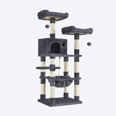 Dark Grey Multi-level Cat Tree | Exclusively for Large/Multiple Cats・Double Condos + Hammock + Perches・All-in-One Play Castle