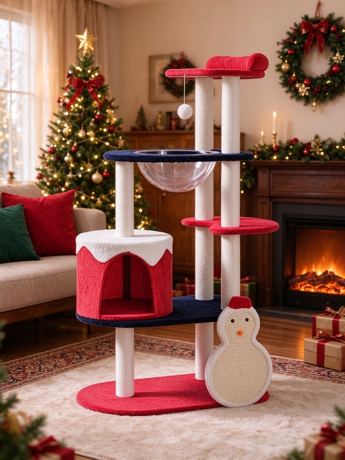 Christmas Snowman Themed Cat Tree | Limited Holiday Edition · Cake Cat Bed + Transparent Space Capsule + Multi-level Platforms + Snowman Scratching Board · A Cat's Christmas Wonderland