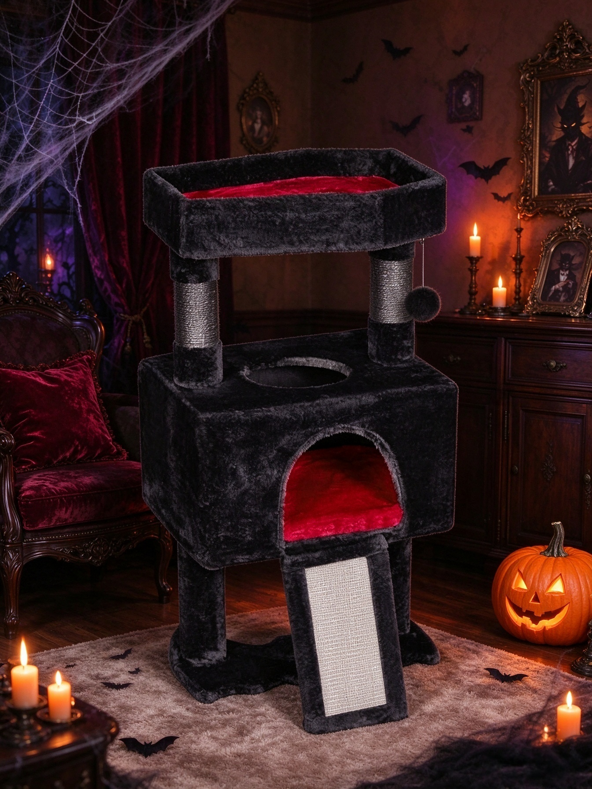 Black and Red Color-Block Double-Decker Cat Castle Cat Tree | Apartment-Friendly・Top Observation Nest + Two-Tier Cat House + Sisal Sloped Scratching Board + Teaser Ball・Mini Cat Fortress Playground