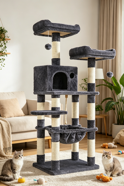 Dark Grey Multi-level Cat Tree | Exclusively for Large/Multiple Cats・Double Condos + Hammock + Perches・All-in-One Play Castle