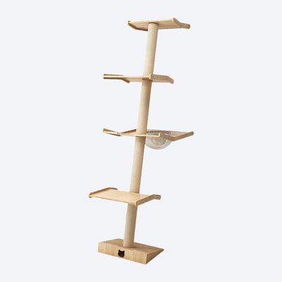 Single-Post Solid Wood Cat Tree | Minimalist Tall Design · Multi-level Solid Wood Platforms + Transparent Space Capsule + Sisal-Wrapped Post · Elevated Cat Lookout Tower