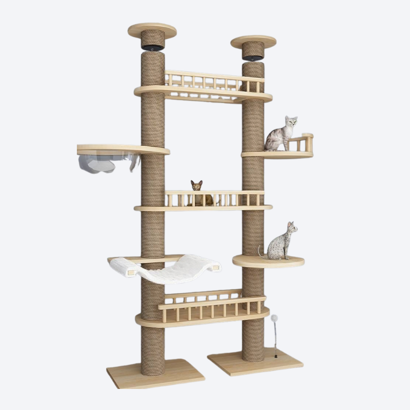 Solid Wood Floor-to-Ceiling Cat Tree | Tension-Mounted Model | Preferred for Multi-Cat Households・Multi-Level Viewing Platforms + Hammock + Sisal Scratching Posts・Cat's Aerial Castle