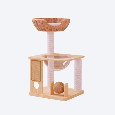 Solid Wood and Rattan Small-Space Cat Tree | Fresh Forest Style: Rattan Top Nest + Transparent Space Capsule + Sisal Scratching Post + Rolling Ball Toy - Mini Leisure Tower for Cats