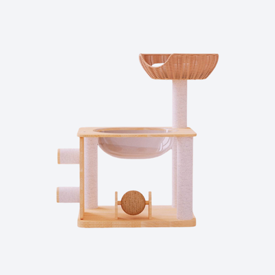 Solid Wood & Rattan Cat Tree for Small Spaces | Healing Forest Style: Rattan Top Perch + Transparent Space Capsule + Sisal Scratching Post + Rolling Ball Toy · Mini Cat Tree Playground