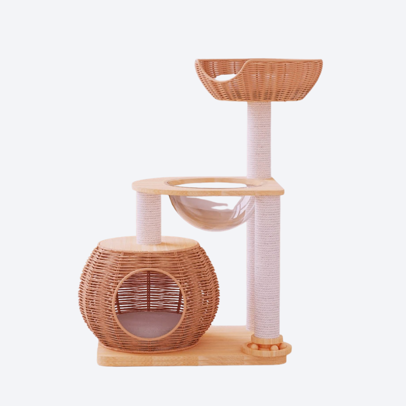 Solid Wood Rattan Multi-Functional Cat Tree | Forest Healing Style · Spherical Rattan Bed + Rattan Top Lookout Bowl + Fabric Hammock + Sisal Scratching Post + Rolling Ball Toy · A Natural Paradise for Cats