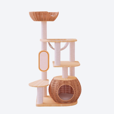 Solid Wood and Rattan Multi-Level Cat Tree | Natural Wood Style · Rattan Nest + Rattan Top Perch + Multi-Level Platforms + Sisal Scratching Posts · Forest-Themed Cat Recreational Paradise