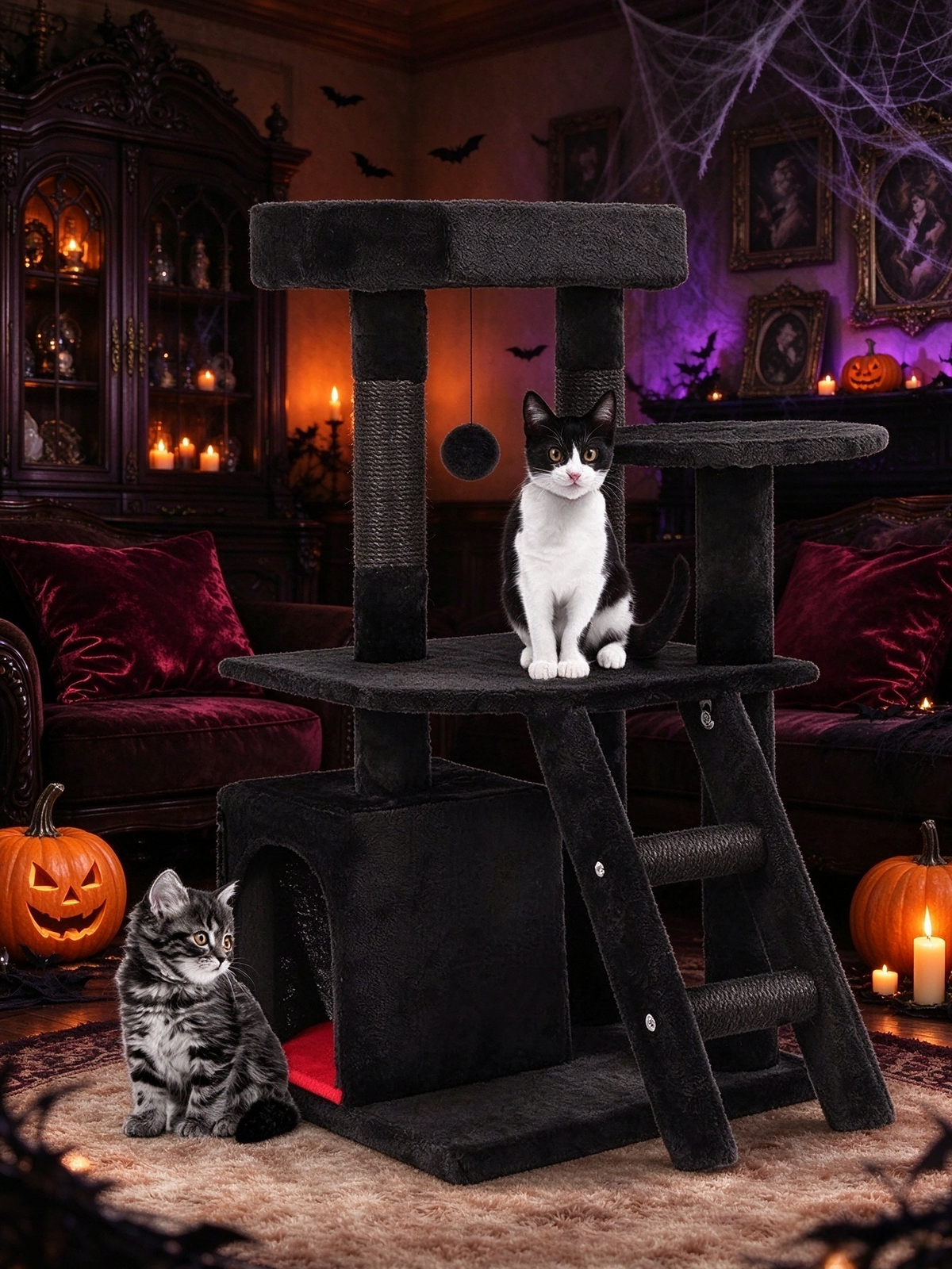 Black Multi-Level Cat Castle & Climbing Tree | Ideal for Multi-Cat Households・Features Viewing Platform with Ladder + Enclosed Cat Condo + Sisal Scratching Posts + Teaser Ball・All-in-One Cat Activity Center