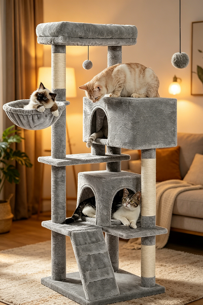 Elegant Gray Multifunctional Cat Tree | Multi-cat household friendly • Double condo + hammock + lookout perch • One-stop playground for cats