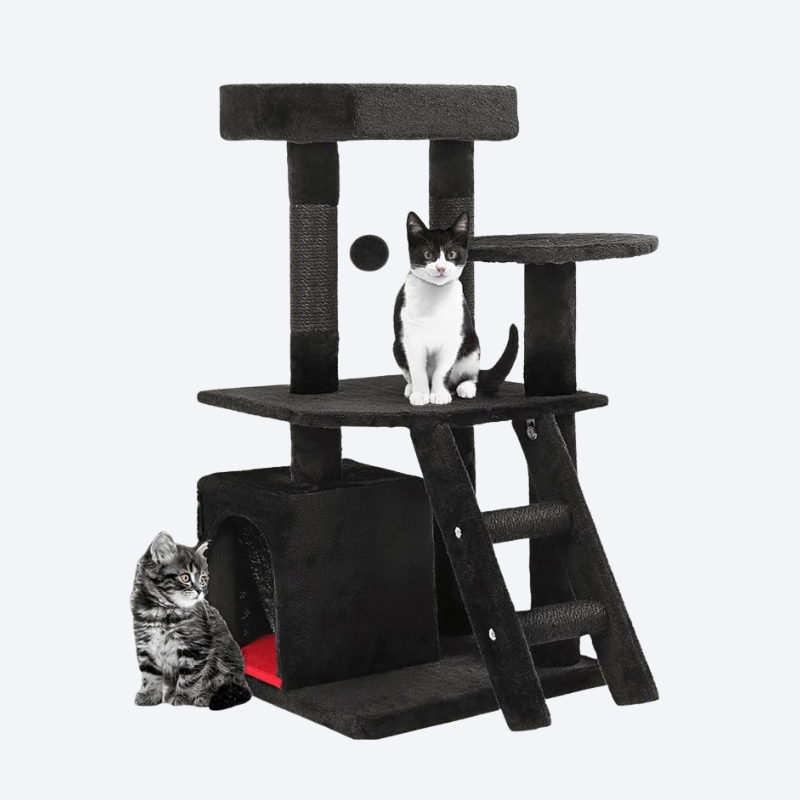 Black Multi-Level Cat Castle & Climbing Tree | Ideal for Multi-Cat Households・Features Viewing Platform with Ladder + Enclosed Cat Condo + Sisal Scratching Posts + Teaser Ball・All-in-One Cat Activity Center