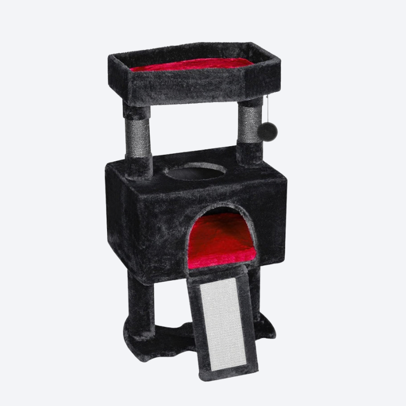 Black and Red Color-Block Double-Decker Cat Castle Cat Tree | Apartment-Friendly・Top Observation Nest + Two-Tier Cat House + Sisal Sloped Scratching Board + Teaser Ball・Mini Cat Fortress Playground