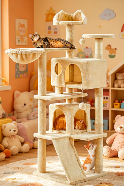 Cream White Multi-Cat Luxury Cat Tree | All-Scene Play Castle · Double Condos + Hammock + Ladder · One-Stop Paradise for Cats