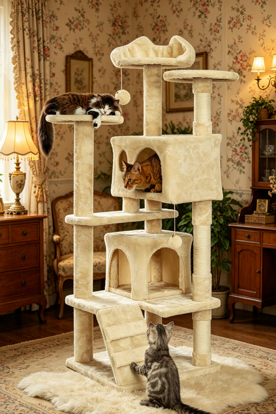 Vintage Cat Tree | Exclusive for Multi-Cat Households・Double Condos Double Platforms + Ladder・Cat Healing Castle