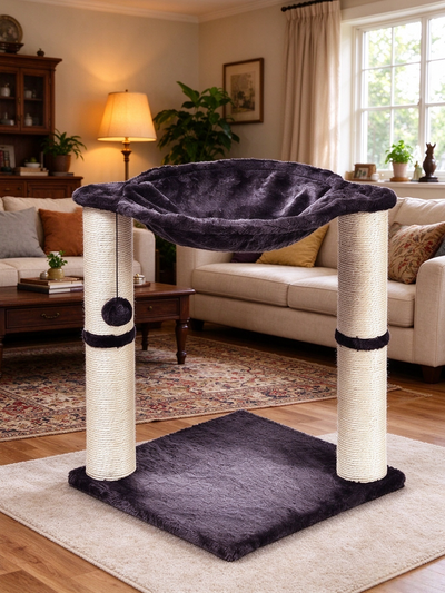 Dark Gray Minimalist Small Cat Tree | Apartment-Friendly・Plush Hammock + Dual Sisal Scratching Posts・Mini Cat Rest Paradise