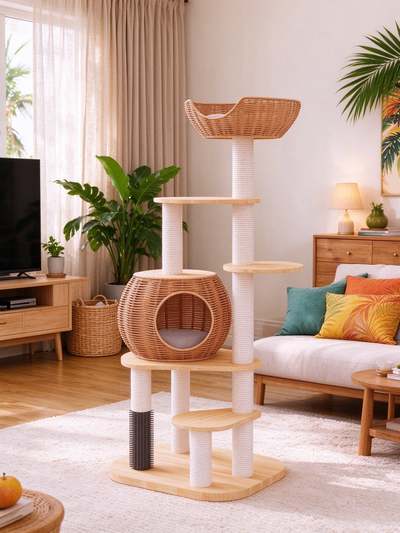 Solid Wood & Rattan Tall Cat Tree | Forest Healing Style · Spherical Rattan Cat Bed + Rattan Top Lookout Bowl + Multi-layer Solid Wood Platforms + Multiple Sisal Scratching Posts · Multi-level Cat Tree Paradise