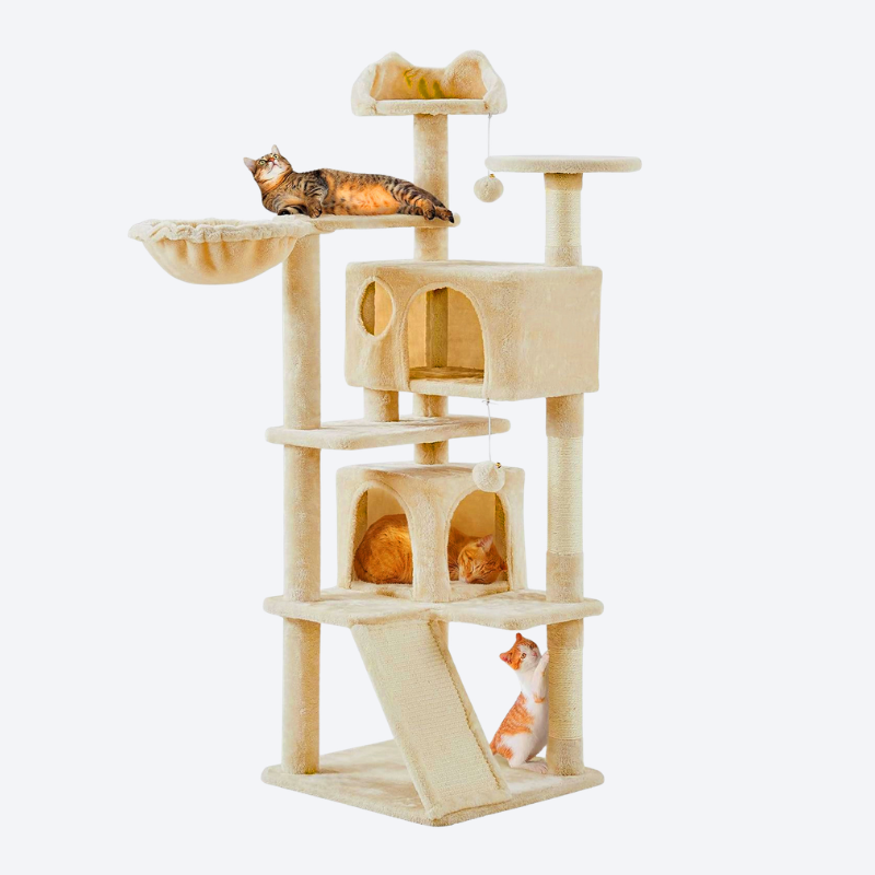 Cream White Multi-Cat Luxury Cat Tree | All-Scene Play Castle · Double Condos + Hammock + Ladder · One-Stop Paradise for Cats