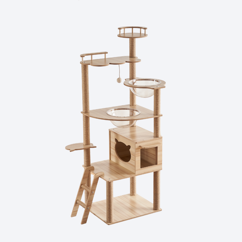 Floor-to-Ceiling Multi-Layer Solid Wood Cat Tree | Small Space Friendly • Double Space Pods + Enclosed Cat Condo • A Cat's Exclusive Vertical Playground