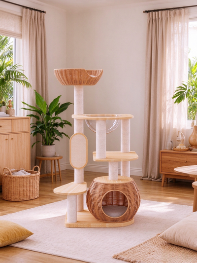 Solid Wood and Rattan Multi-Level Cat Tree | Natural Wood Style · Rattan Nest + Rattan Top Perch + Multi-Level Platforms + Sisal Scratching Posts · Forest-Themed Cat Recreational Paradise