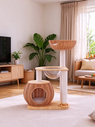 Solid Wood Rattan Multi-Functional Cat Tree | Forest Healing Style · Spherical Rattan Bed + Rattan Top Lookout Bowl + Fabric Hammock + Sisal Scratching Post + Rolling Ball Toy · A Natural Paradise for Cats