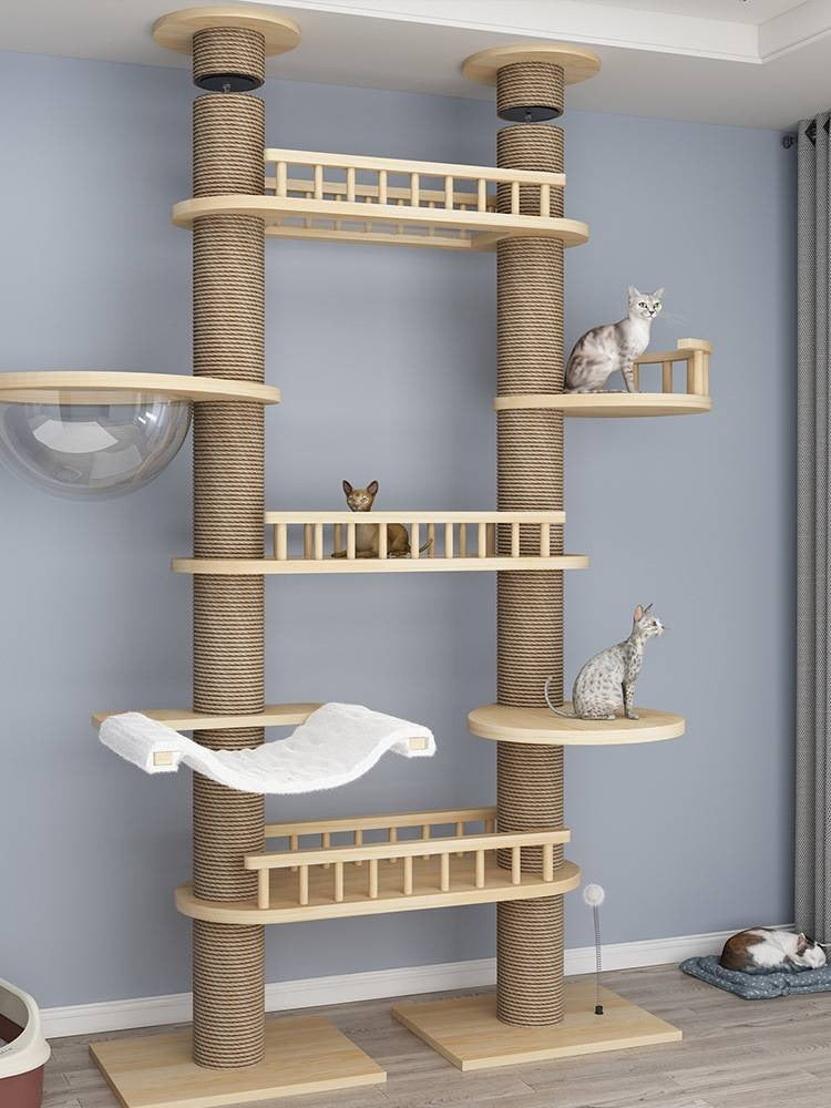 Solid Wood Floor-to-Ceiling Cat Tree | Tension-Mounted Model | Preferred for Multi-Cat Households・Multi-Level Viewing Platforms + Hammock + Sisal Scratching Posts・Cat's Aerial Castle