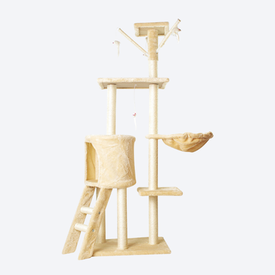Off-White Multi-functional Medium Cat Tree | Small Space Friendly ・Cat Condo with Ladder + Hammock + Perch・All-in-One Cat Playland